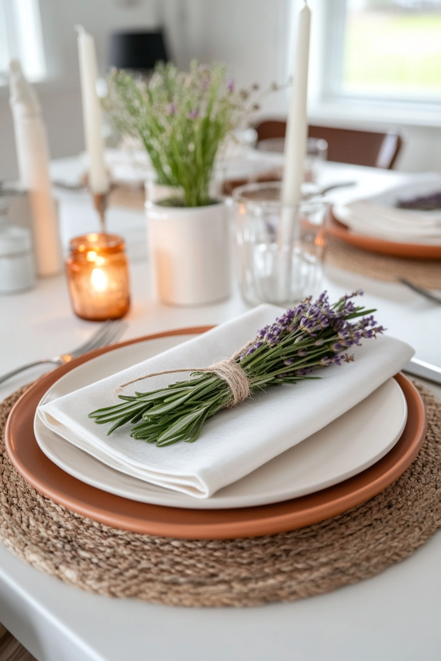 Close-up of herb sprigs tied with twine on a spring table setting