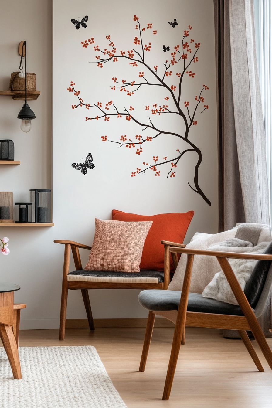 Wall stickers with butterflies and flowers on a pastel wall