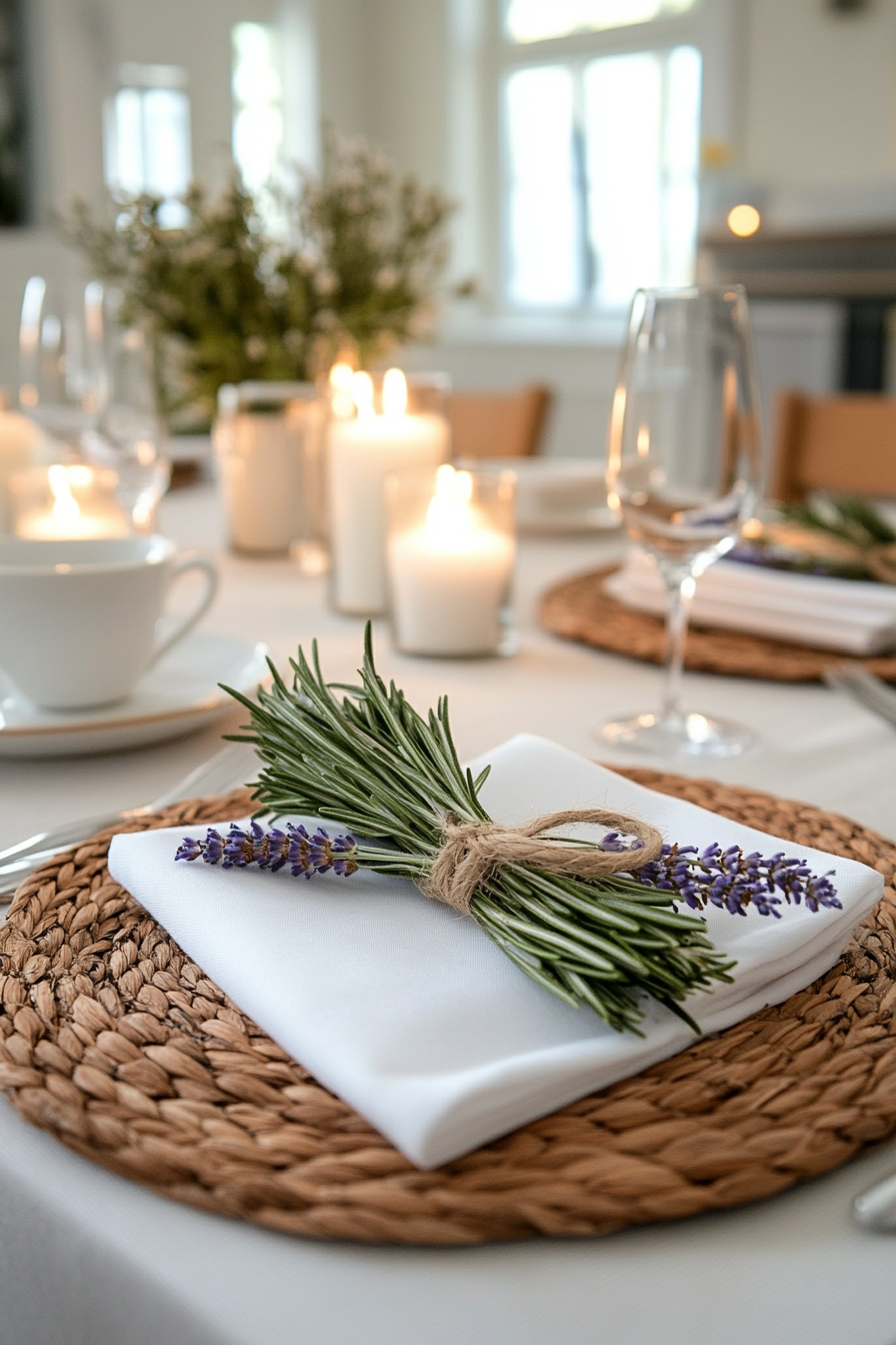 Table decoration in a spring theme with fresh herb branches as accents