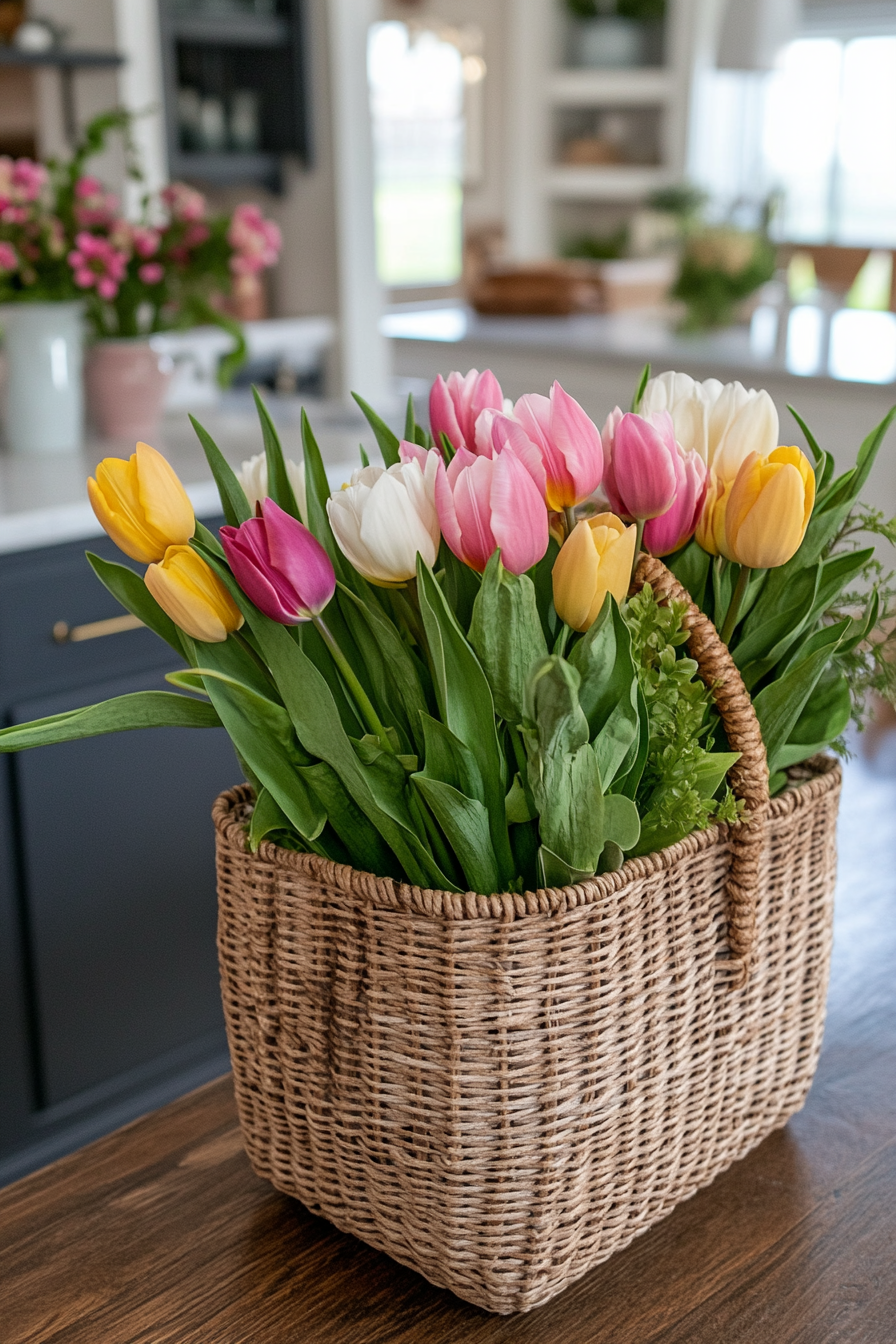 Rustic woven basket with tulips and greenery for spring