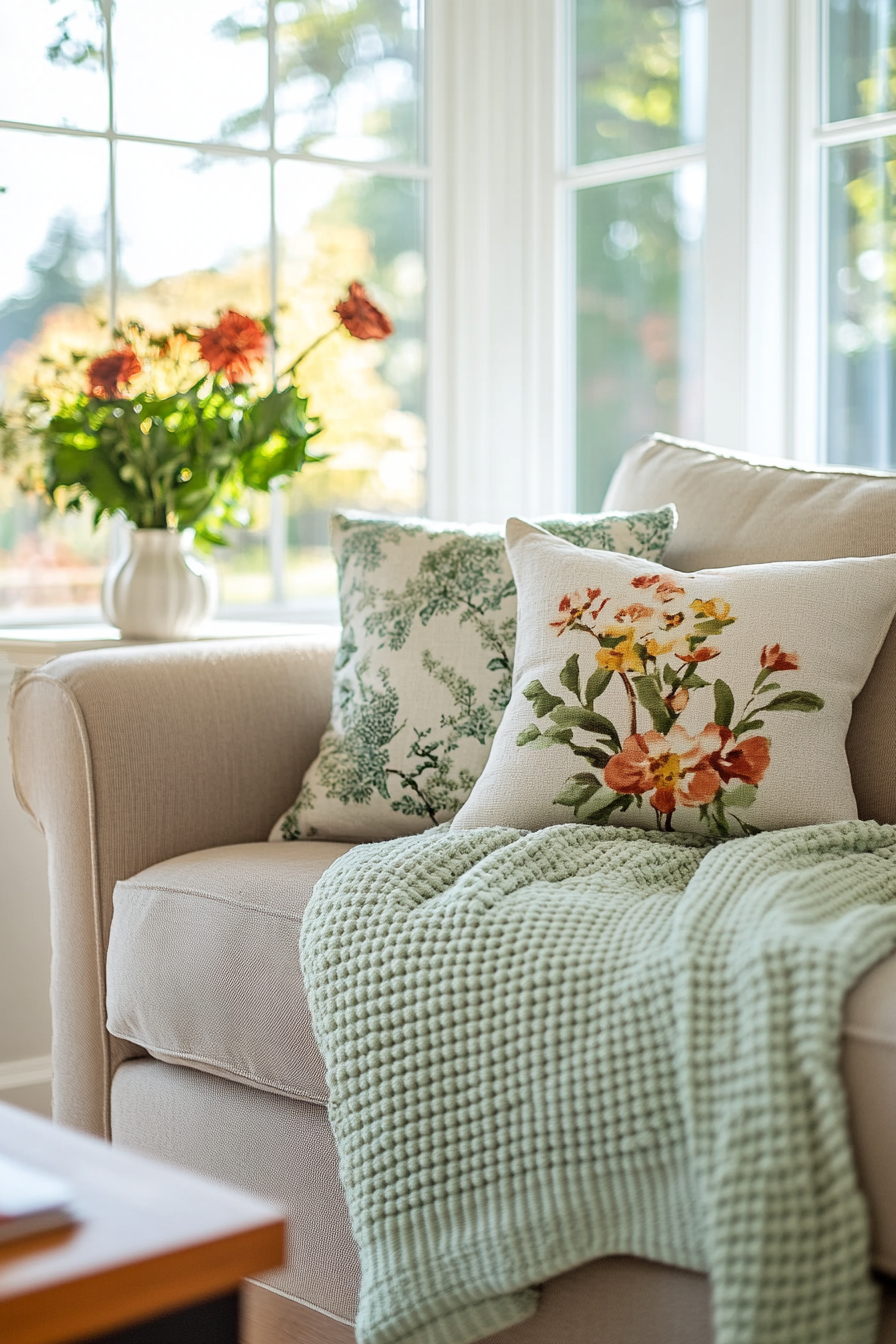 Soft mint green throw blanket on a neutral toned sofa