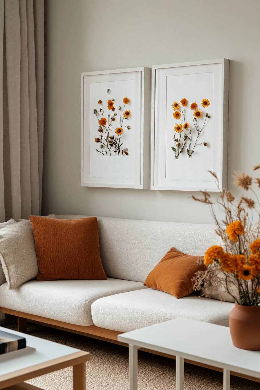 Close-up of an artwork made of pressed flowers in white frames