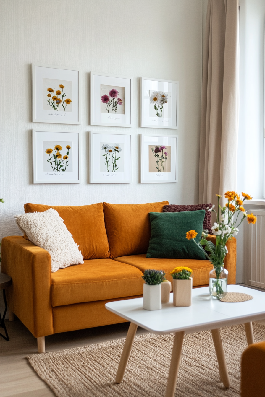 Pressed flower art in white frames on a wall