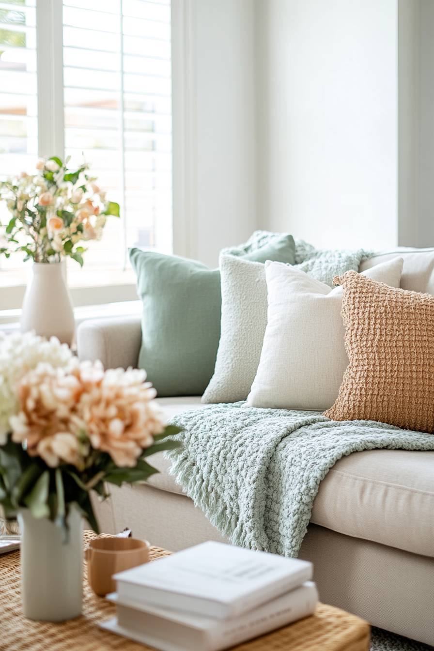 Mint green throw blanket elegantly draped in a spring room