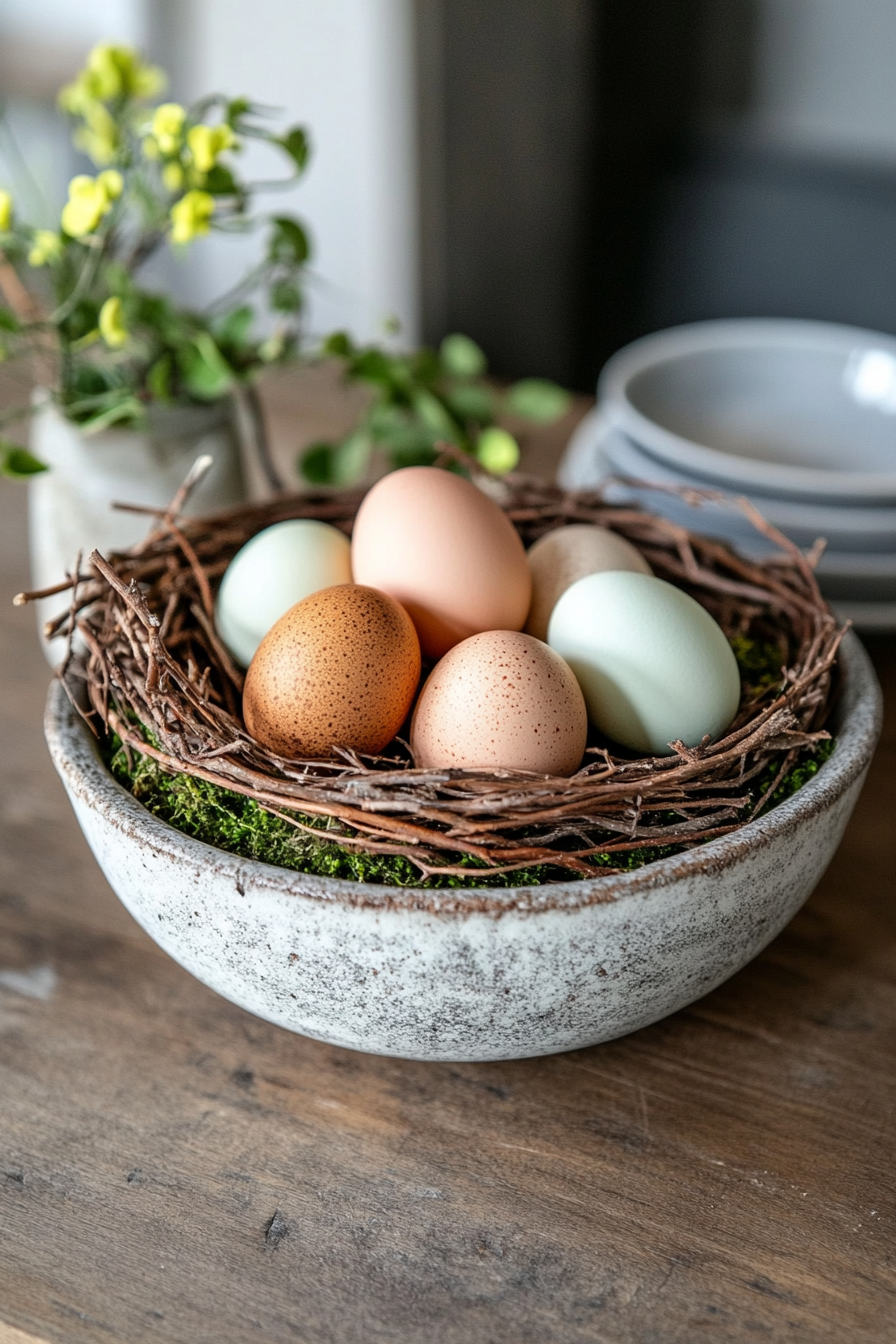 Decorative bird's nest with eggs and greenery on a table