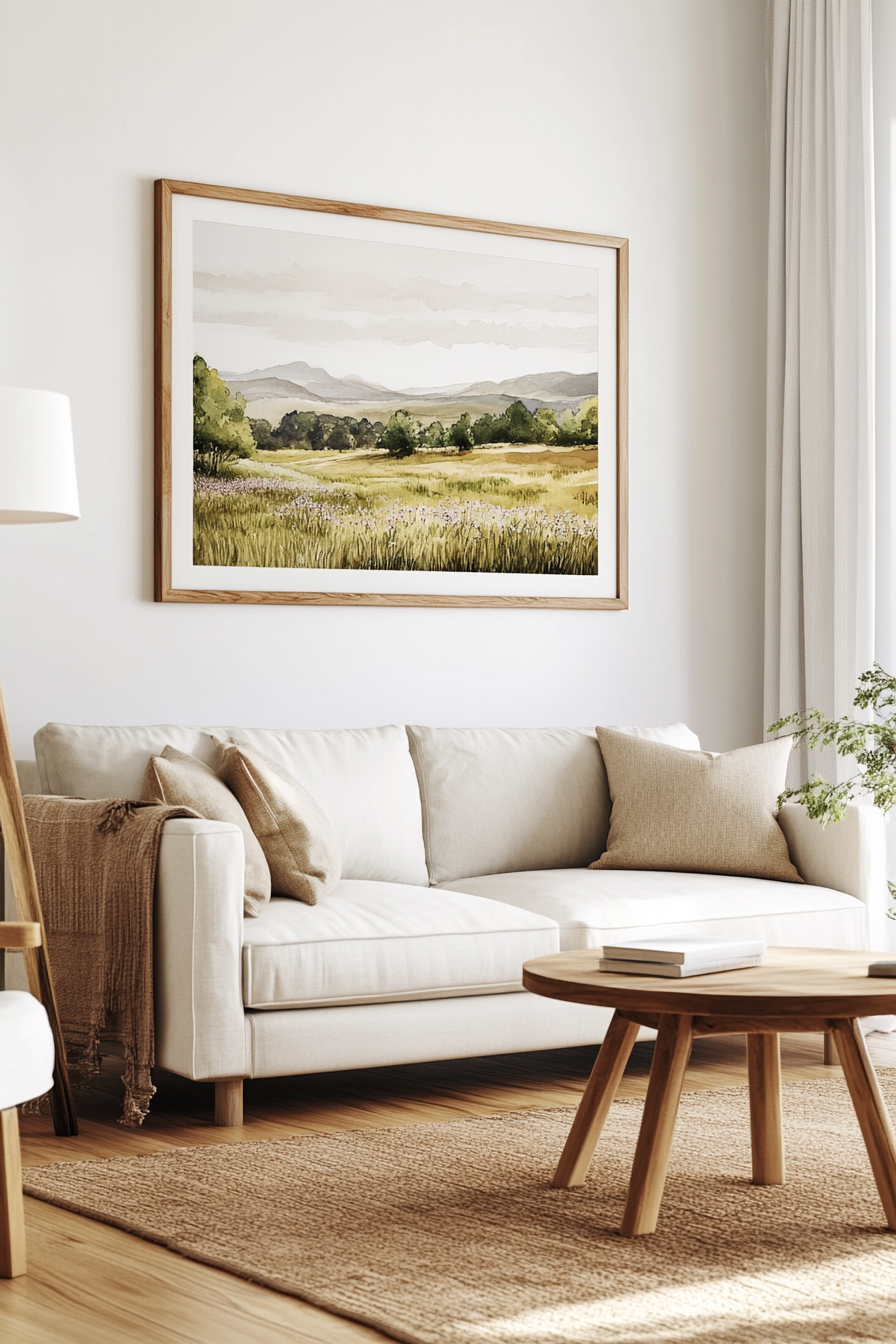 Close-up of a watercolor spring landscape hanging on the wall in a living room