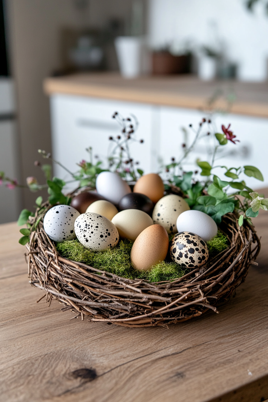 Close-up of a decorative bird's nest with moss and pastel colored eggs