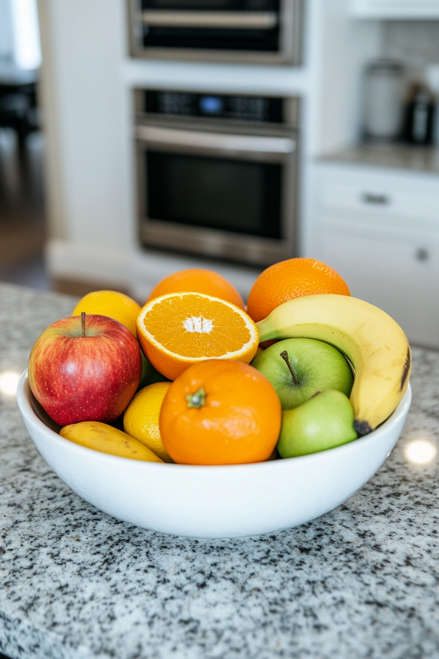 Close-up of a fruit bowl with oranges and apples