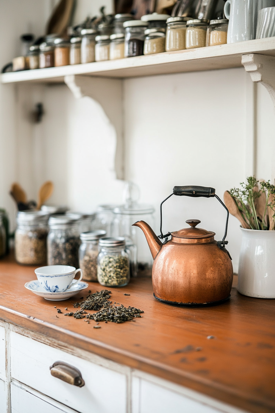 Close-up of a copper kettle with a natural patina