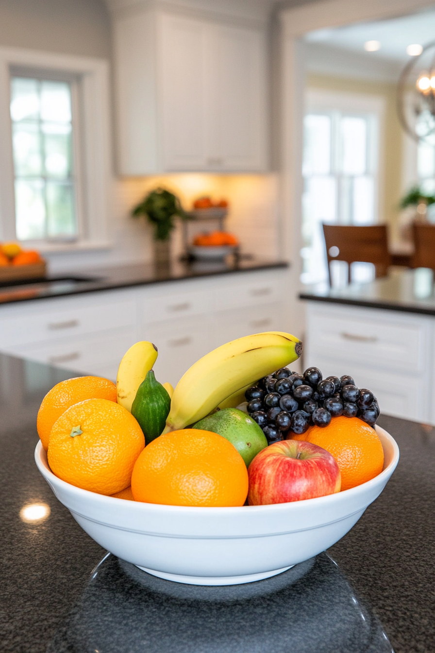 A colorful fruit bowl with seasonal produce on a counter