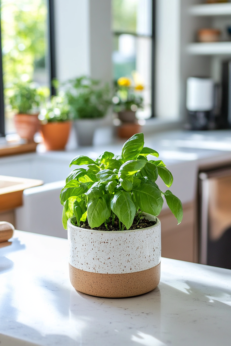 Close-up of a ceramic planter with basil and soil