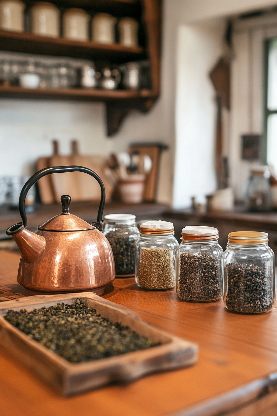 A vintage copper tea kettle as a kitchen decoration