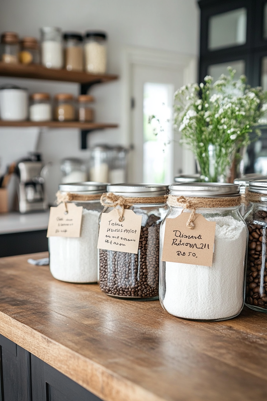 Rustic jars with kitchen utensils such as flour and sugar