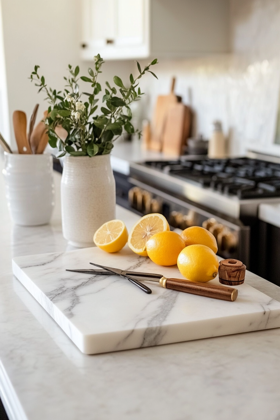 Close-up of a marble cutting board with decorative lemons