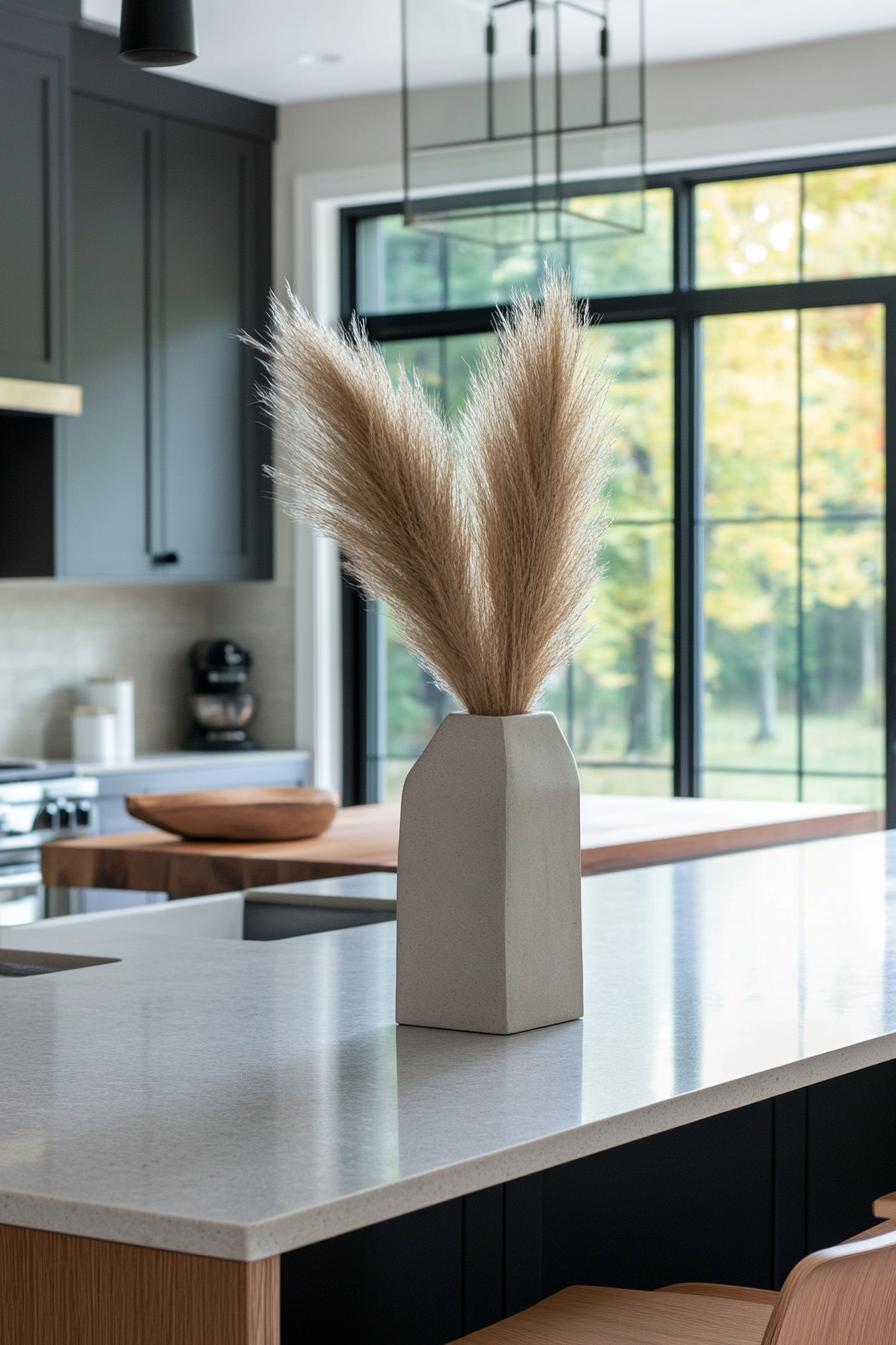 Modern geometric vase with a single flower stem on a kitchen counter