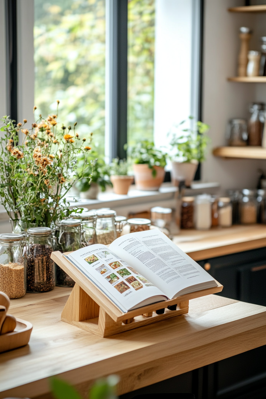 A wooden cookbook stand with an open recipe book on a kitchen counter