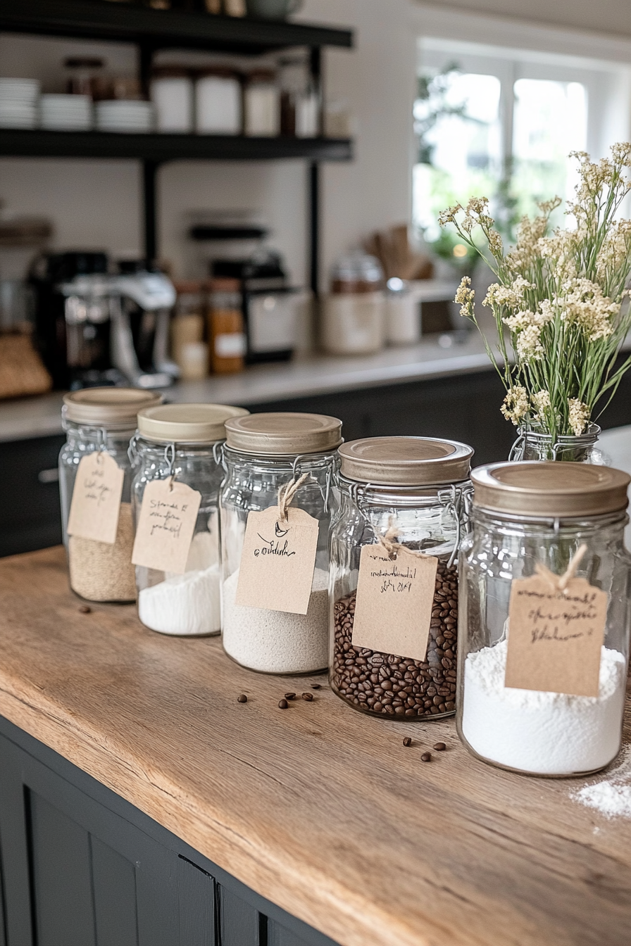 Close-up of jars with labels and wooden lids