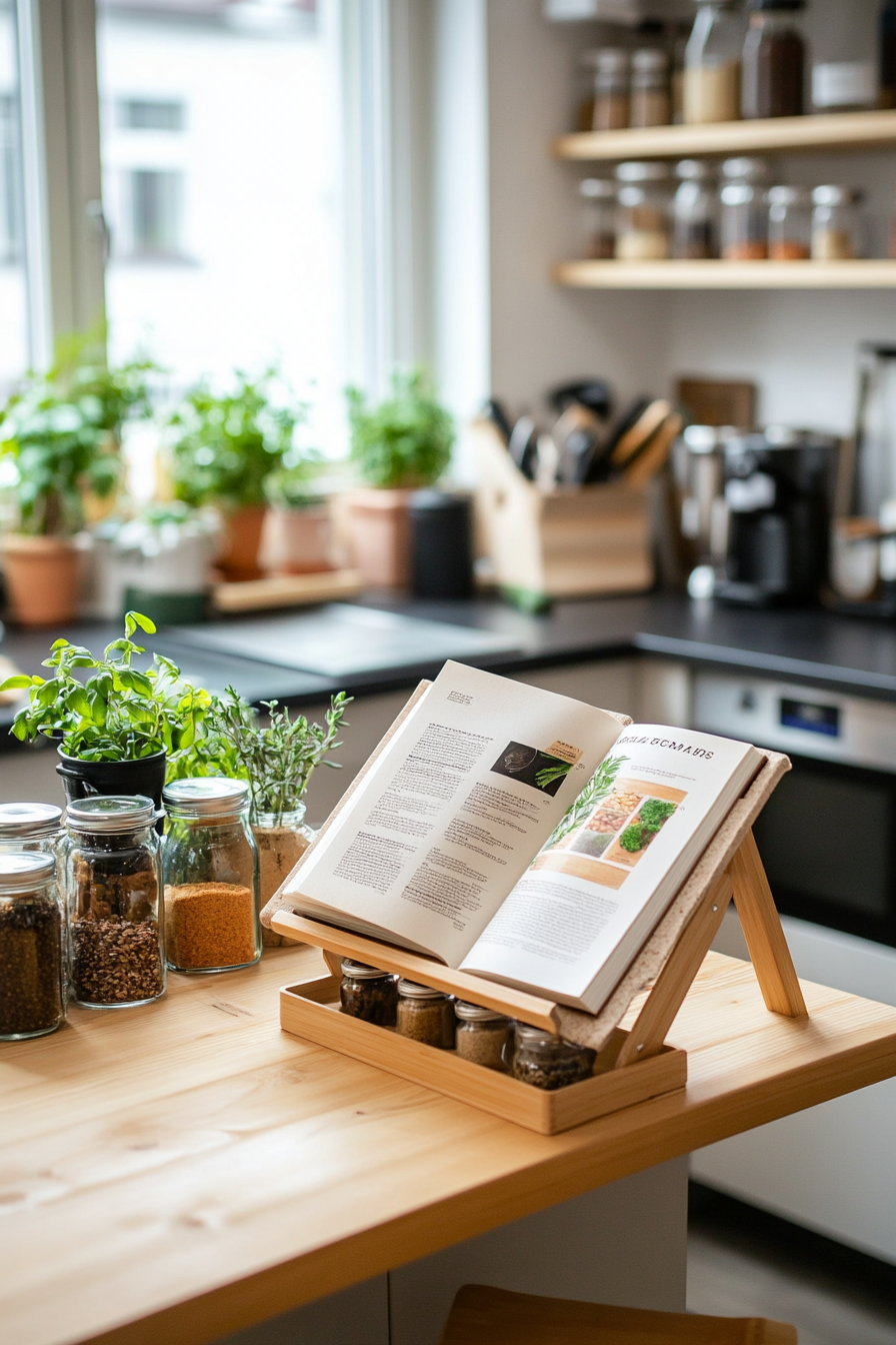 Close-up of a cookbook on a wooden stand with decorative herbs