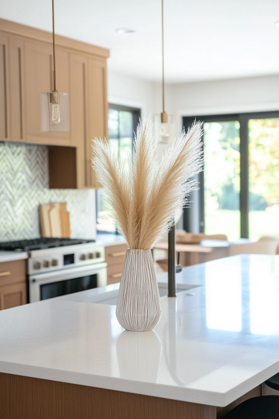 Close-up of a modern vase with a single stem of pampas grass