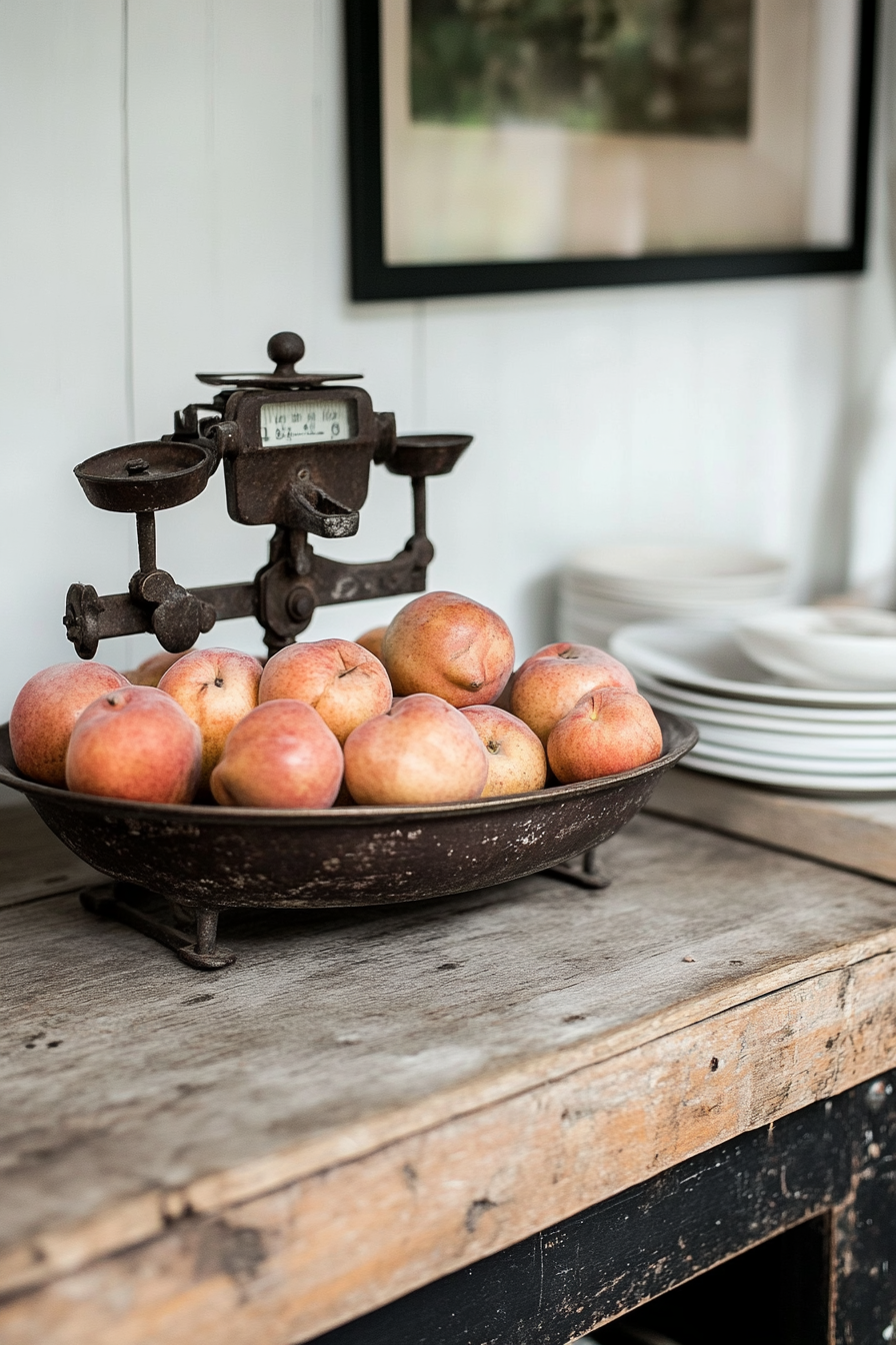 Vintage kitchen scales as a decorative centerpiece on a counter