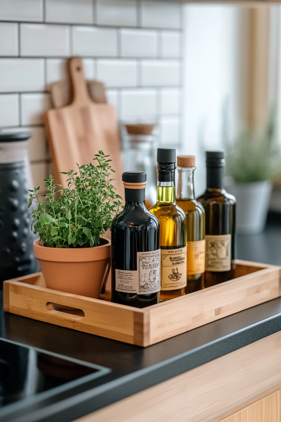 Wooden tray with cooking oils and spices on a kitchen counter