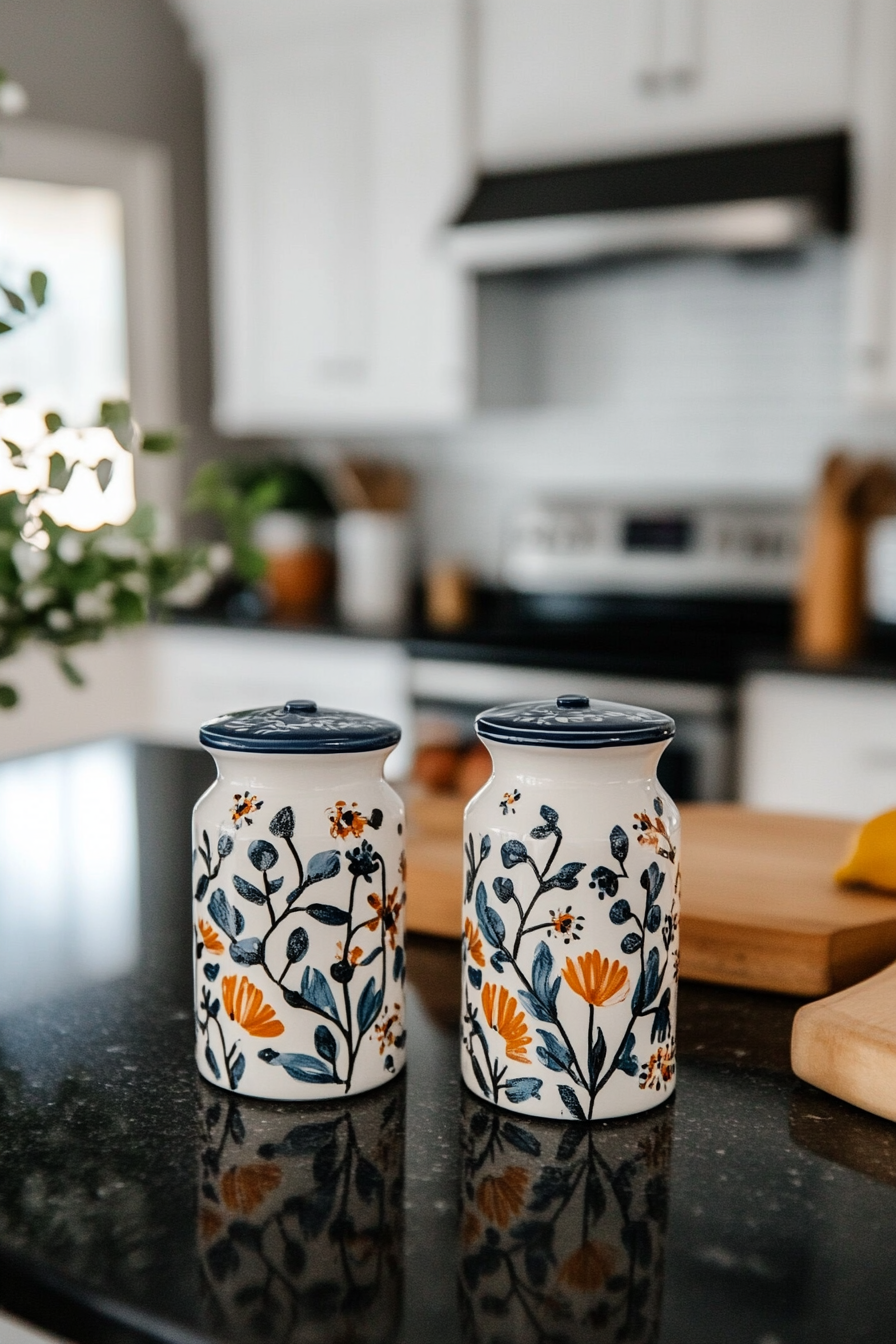 Decorative ceramic salt and pepper shakers on a kitchen counter