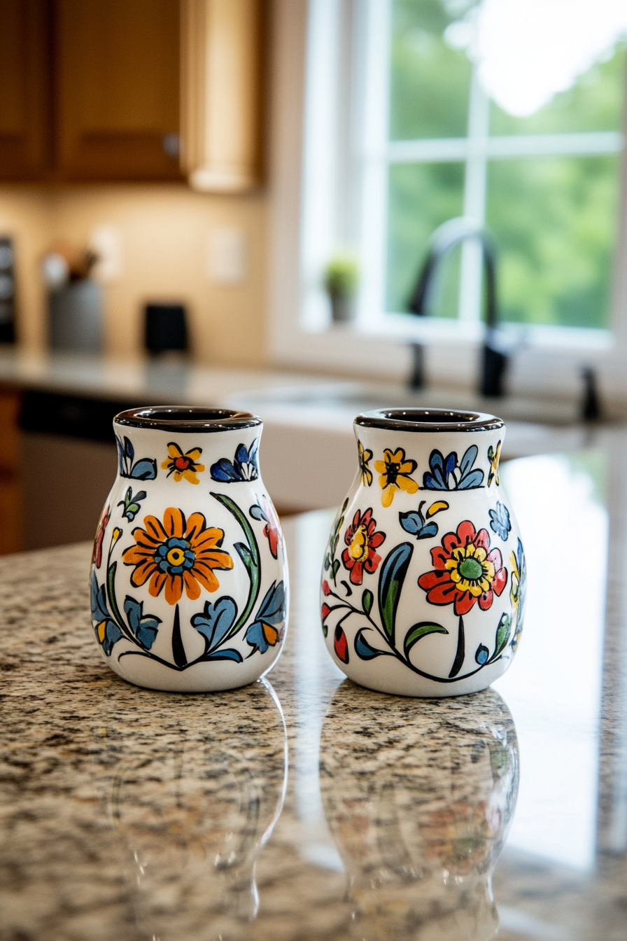 Close-up of ceramic salt and pepper shakers with hand painted floral pattern