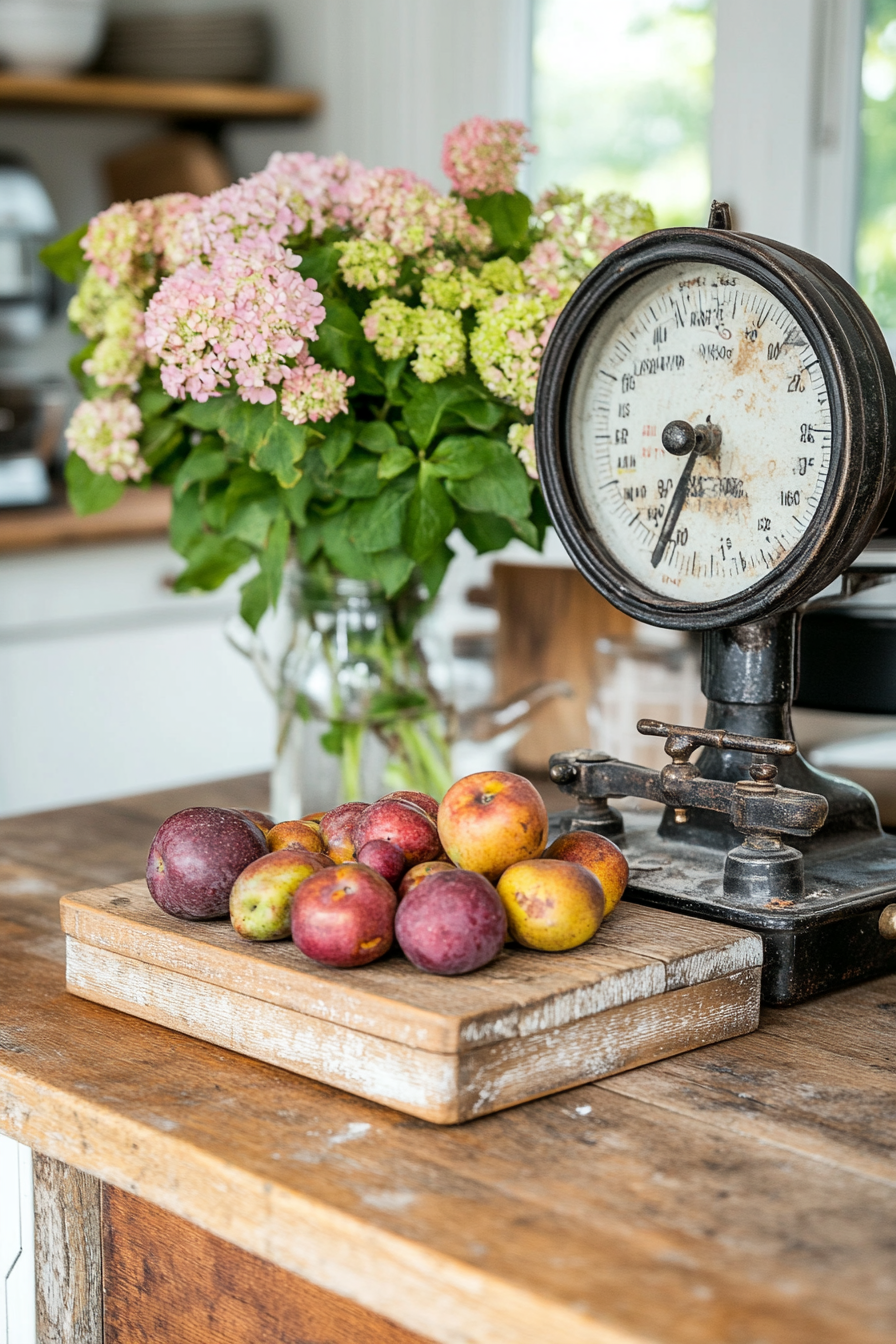 Close-up of a vintage kitchen scale with decorative weights