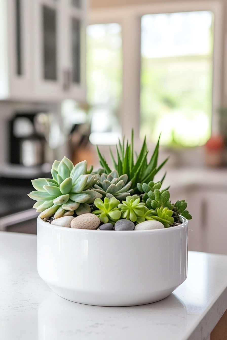 Close-up of succulents in a white pot with decorative stones