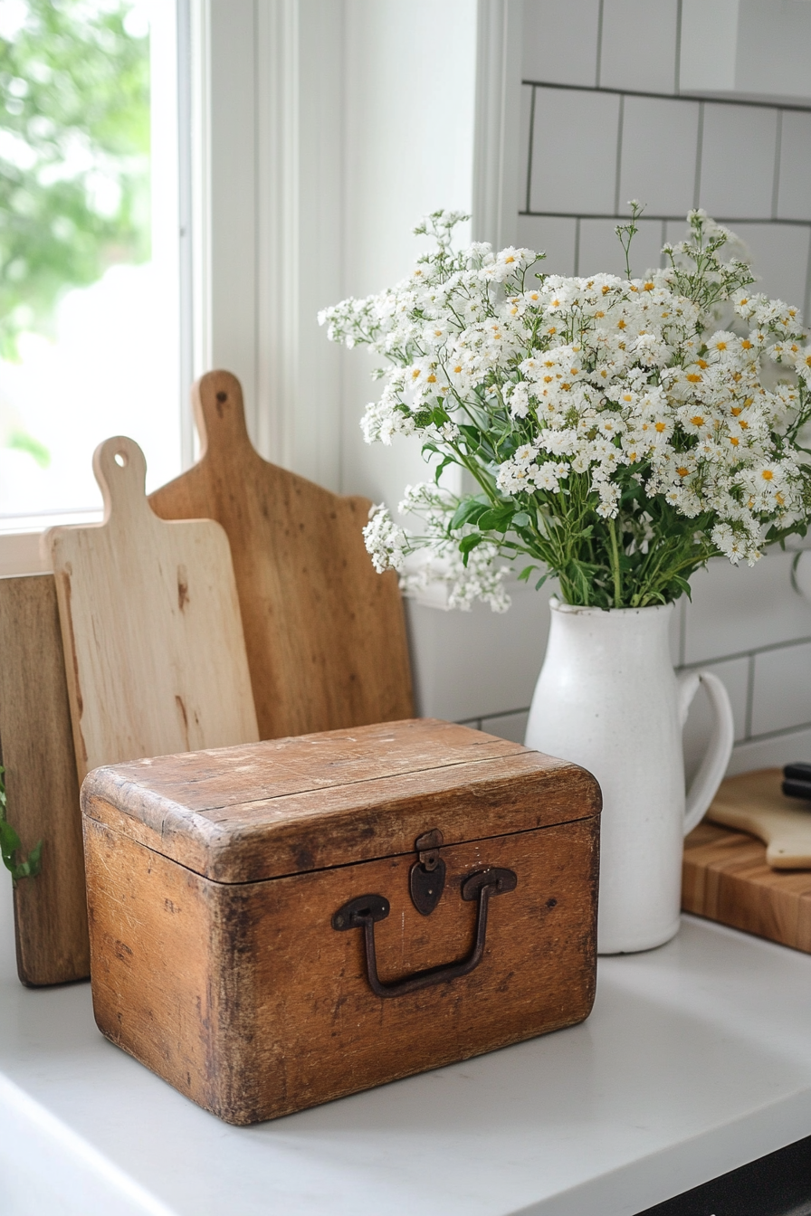 Vintage bread bin used as kitchen counter decoration