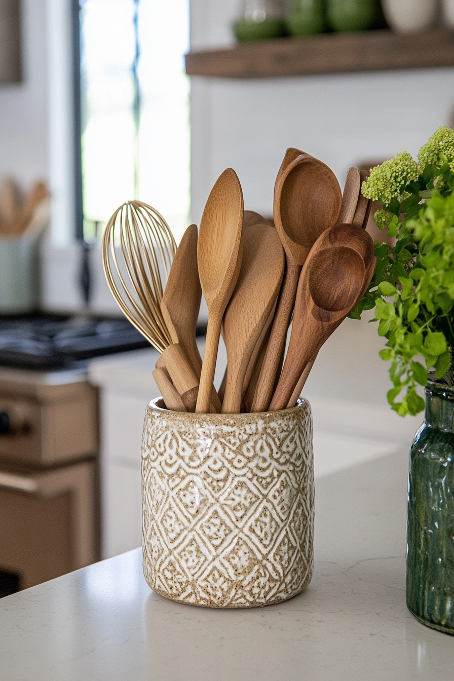 Close-up of a ceramic utensil holder with wooden utensils