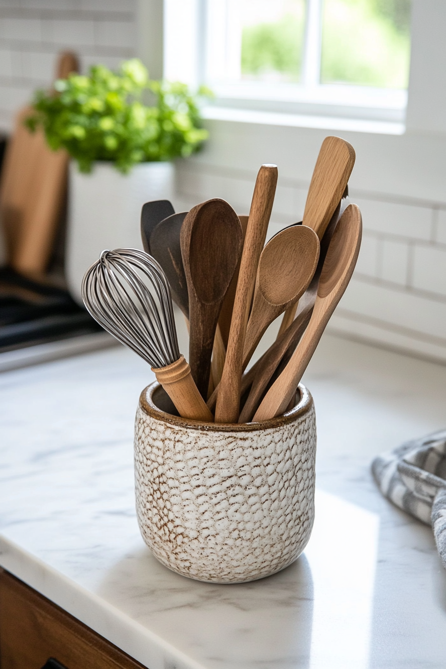 Handmade ceramic utensil holder on a kitchen counter