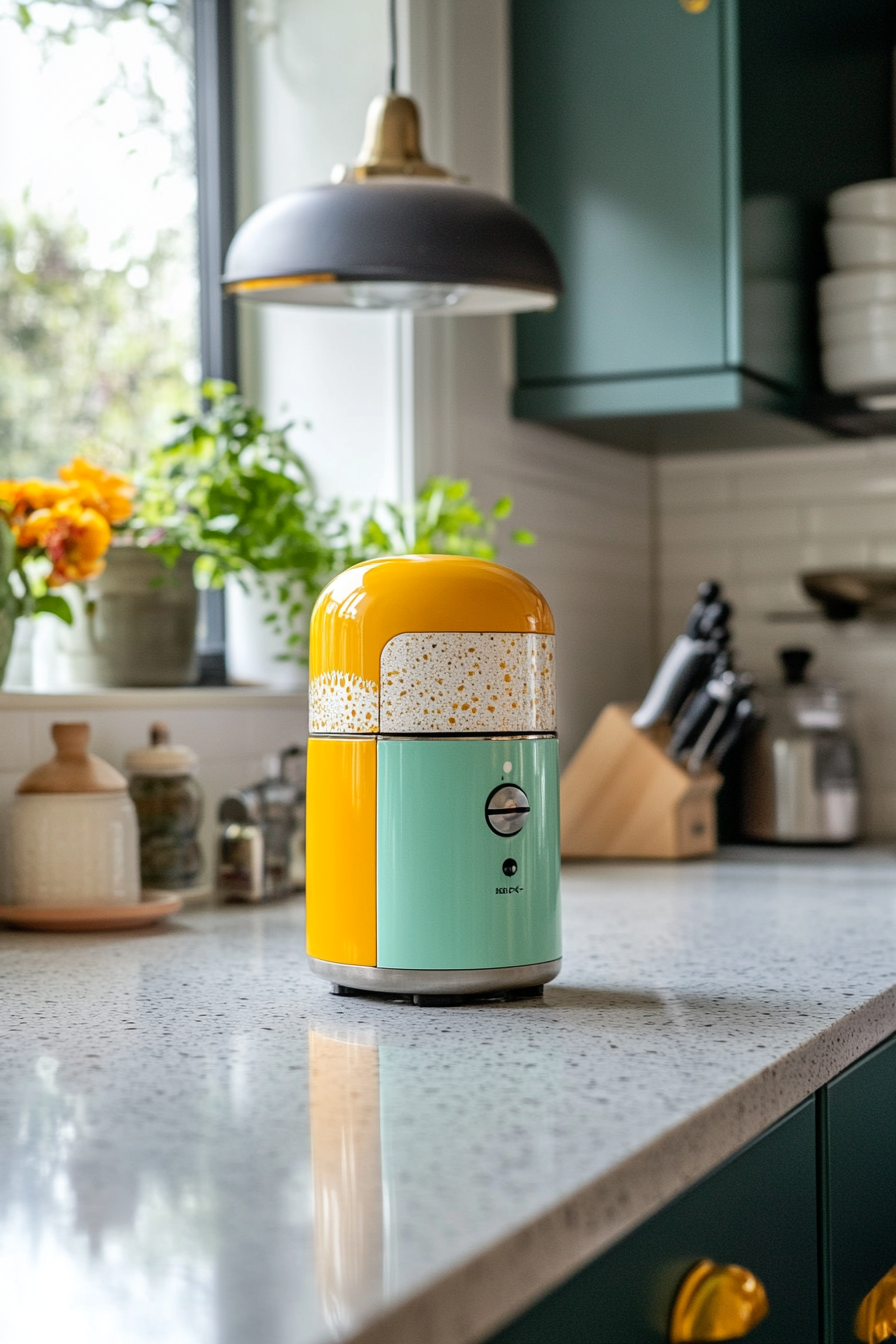 Close-up of a retro kitchen timer with bright colors