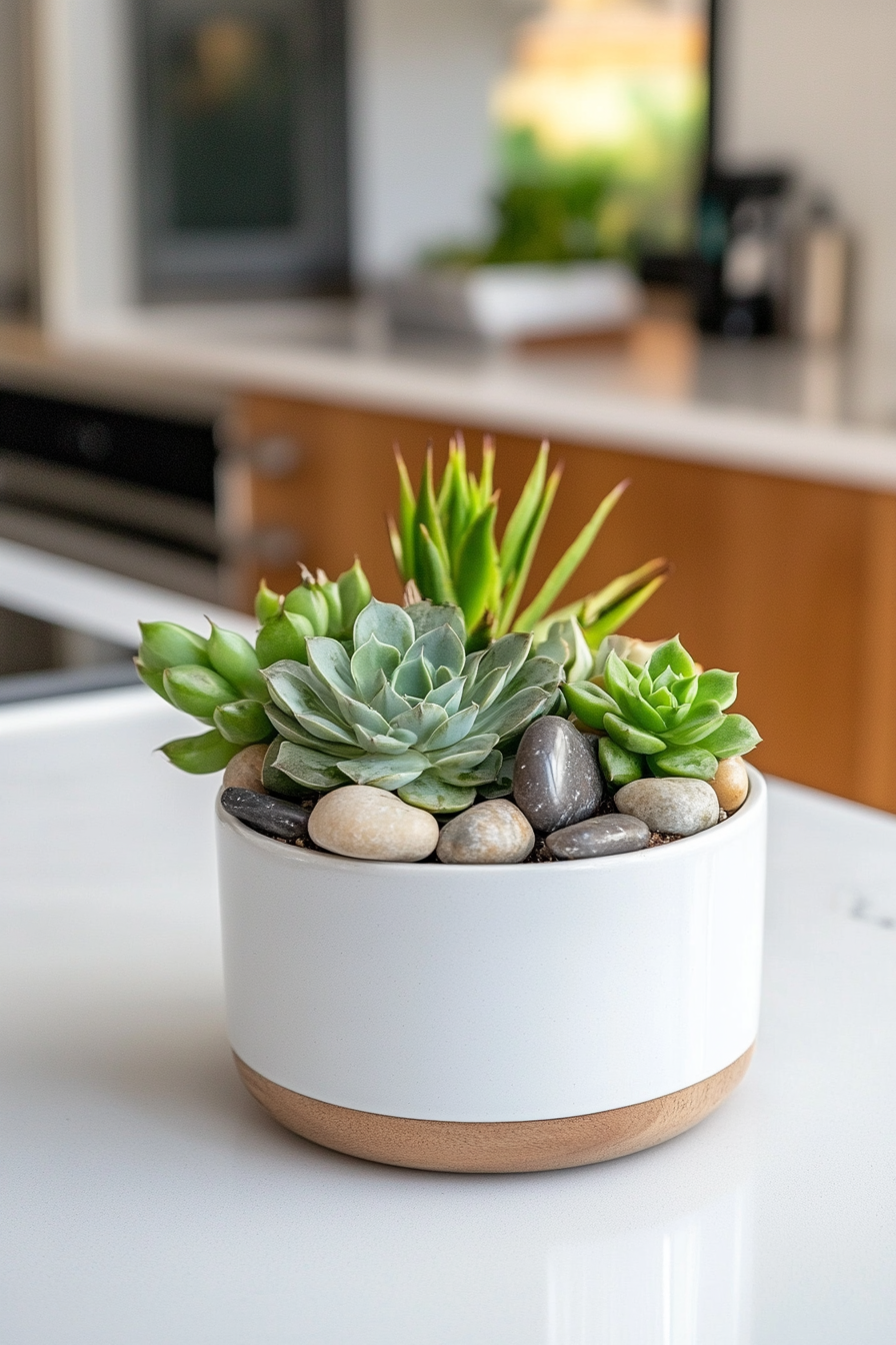 Minimalist white pot with succulents on a kitchen counter