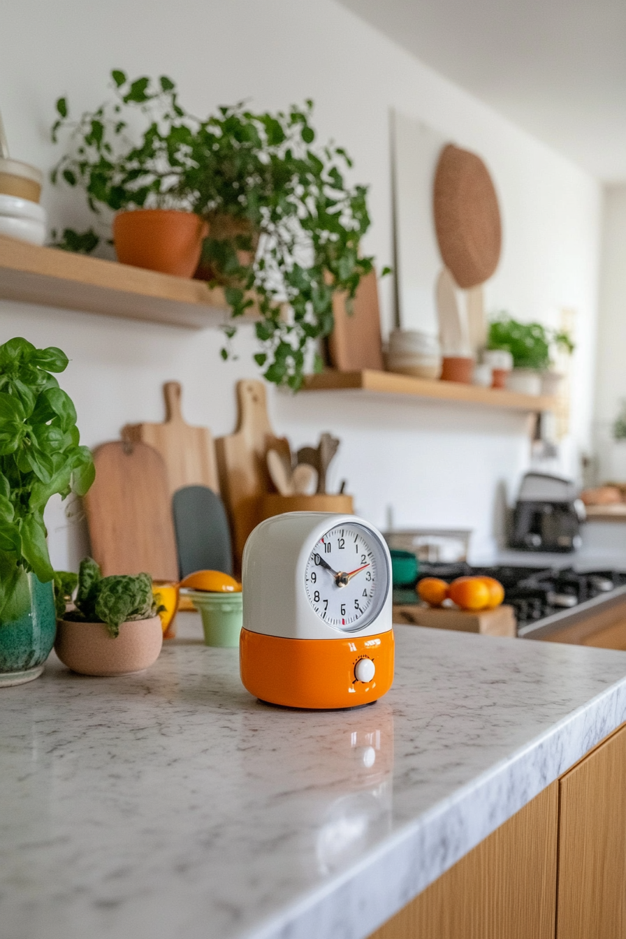 Retro kitchen timer in bright colors on a counter