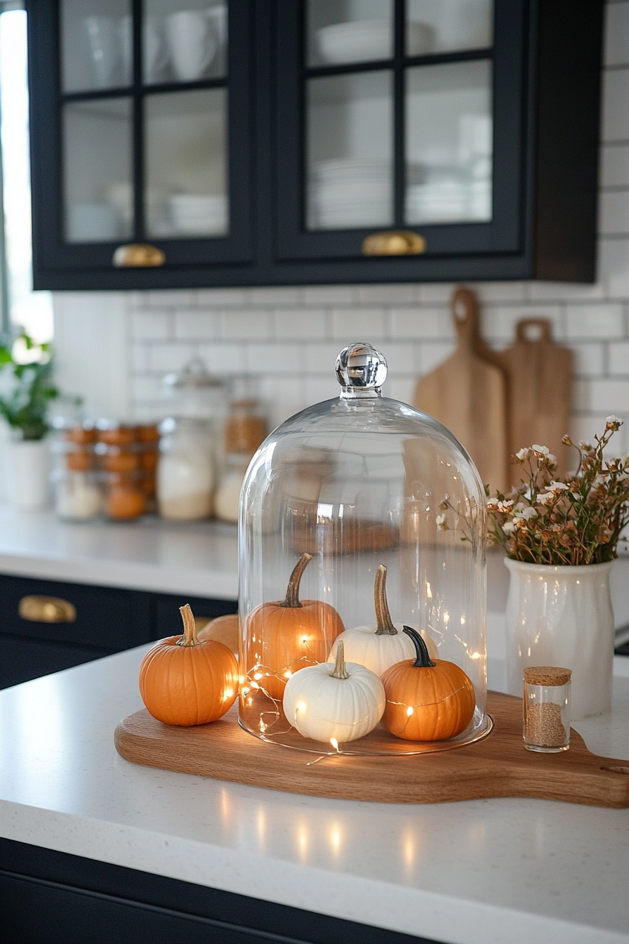 Glass bell jar with seasonal decorations on a kitchen counter