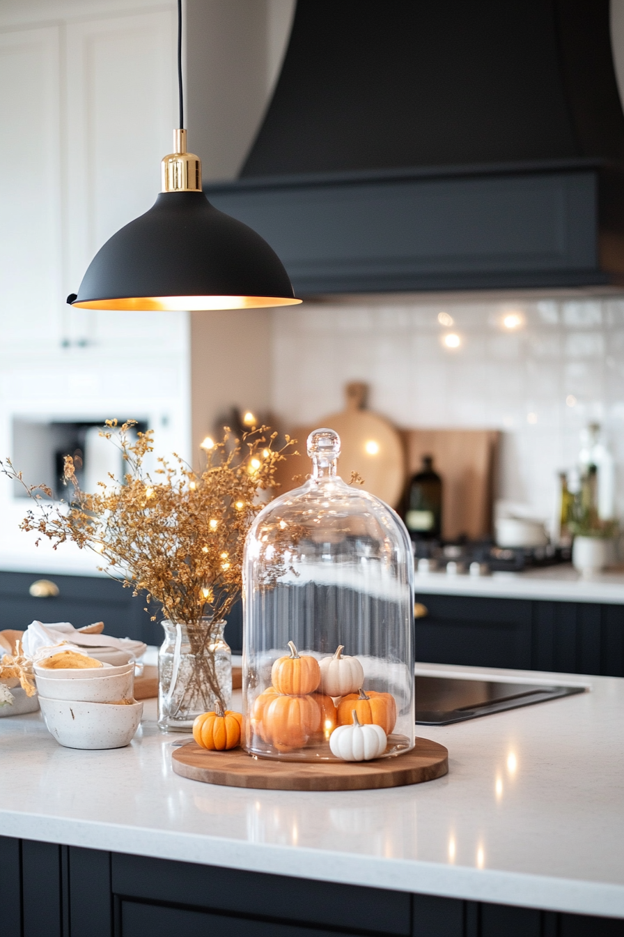 Close-up of a glass bell jar with miniature pumpkins