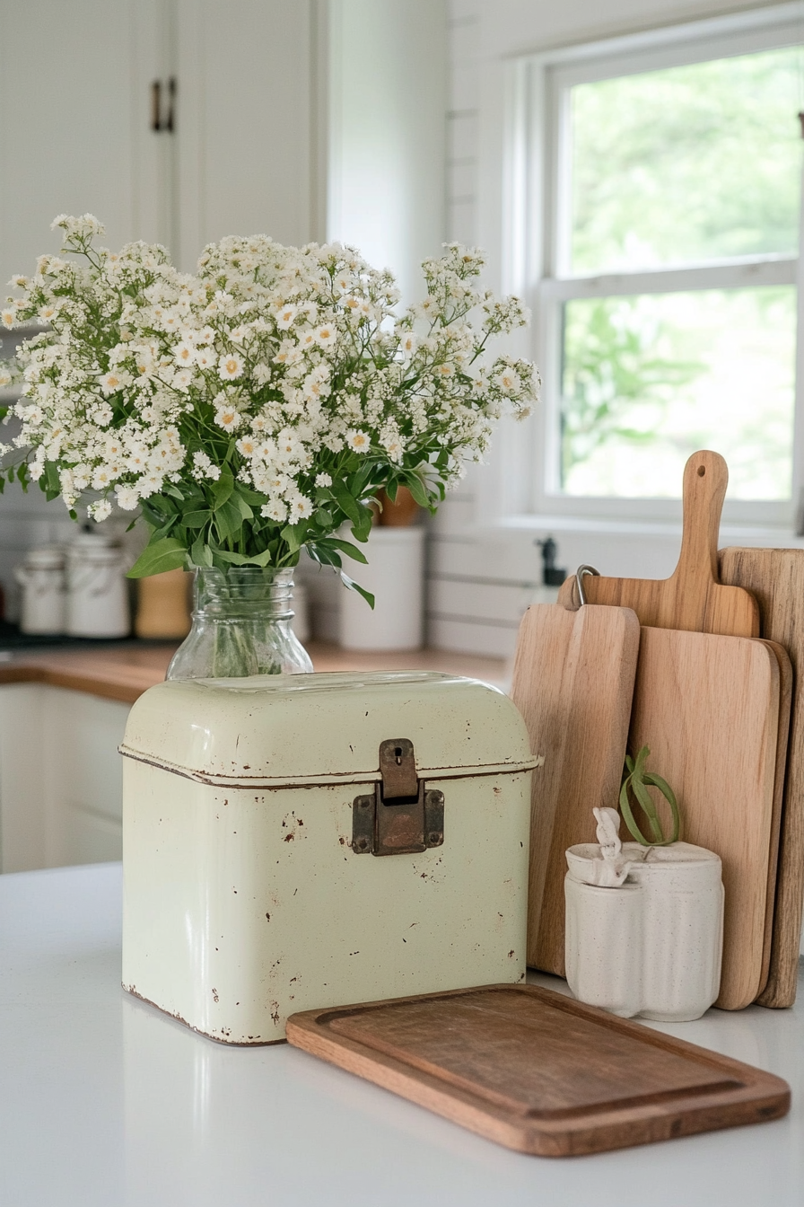 Close-up of a vintage floral bread bin