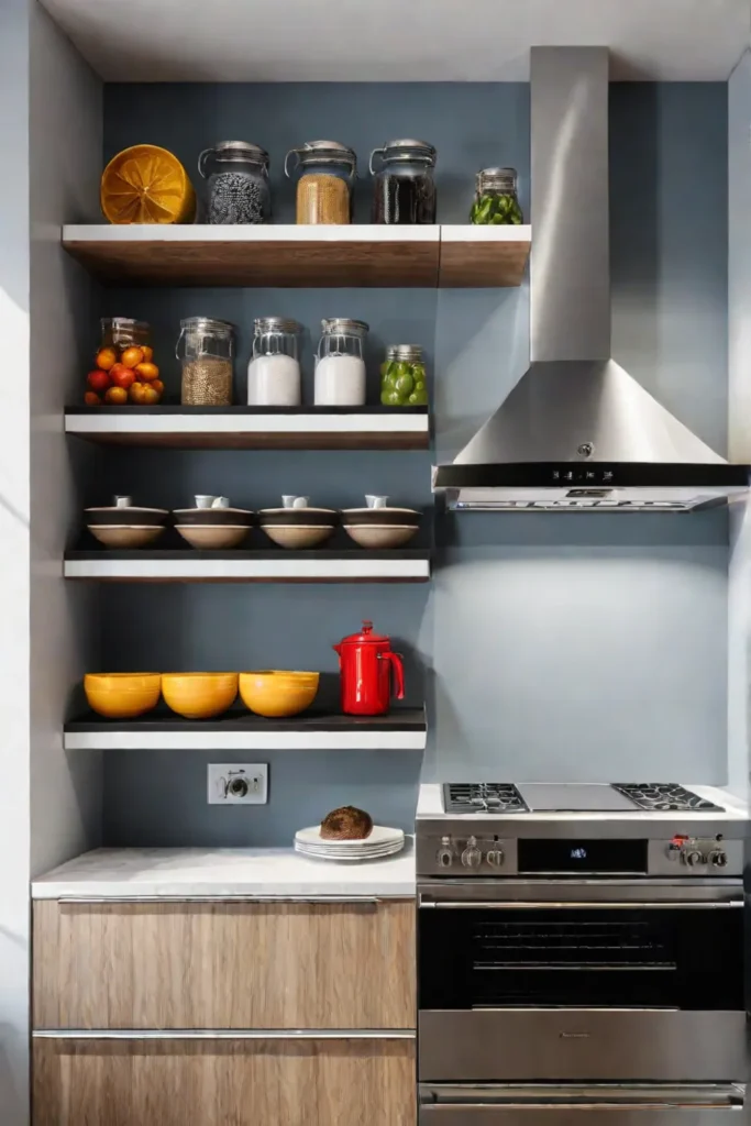 Organized open shelves in a small kitchen