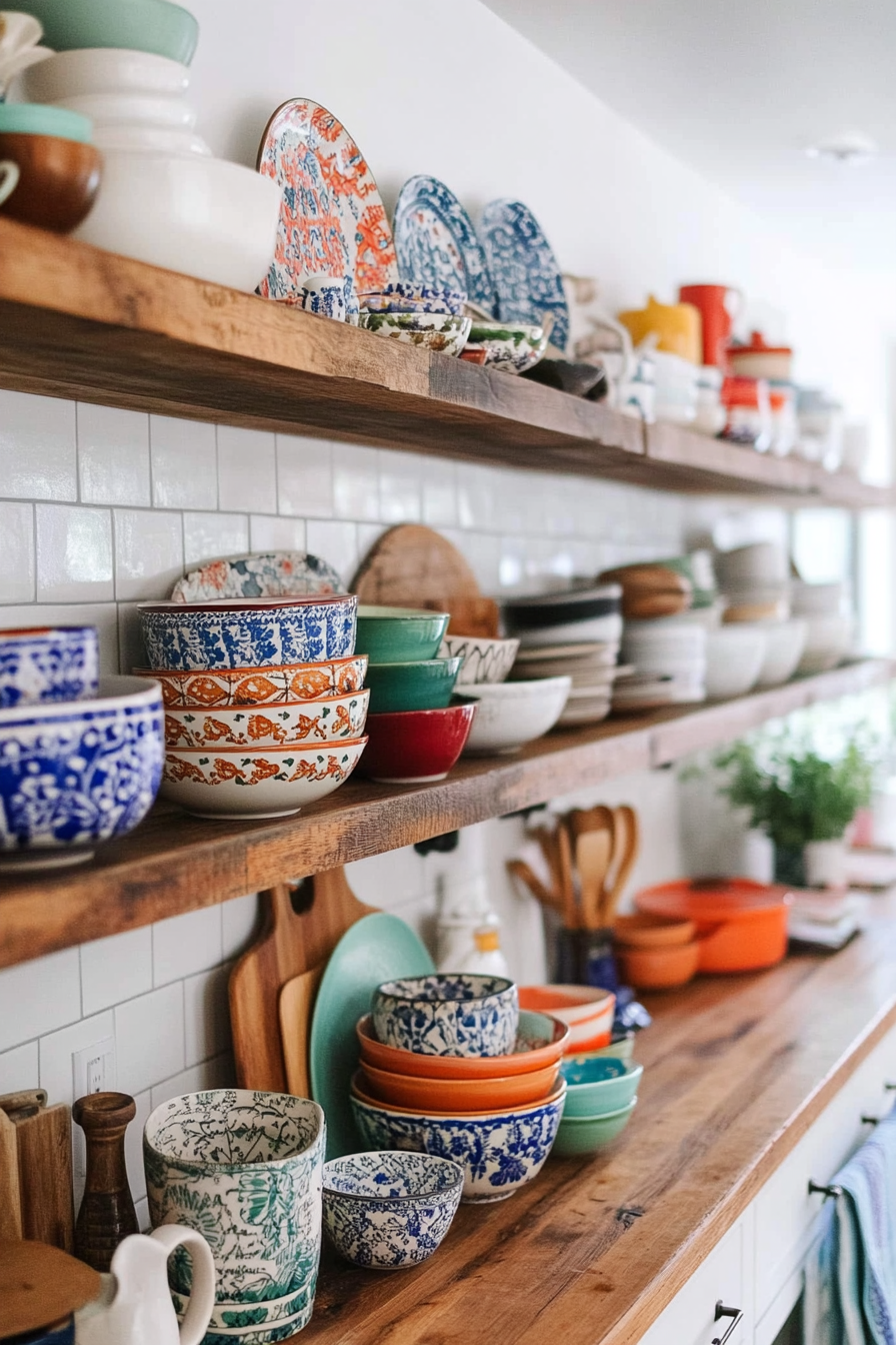 Open shelves with colorful dishes