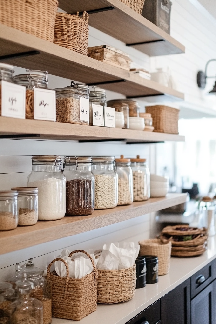 Detail of jars and baskets on open shelves