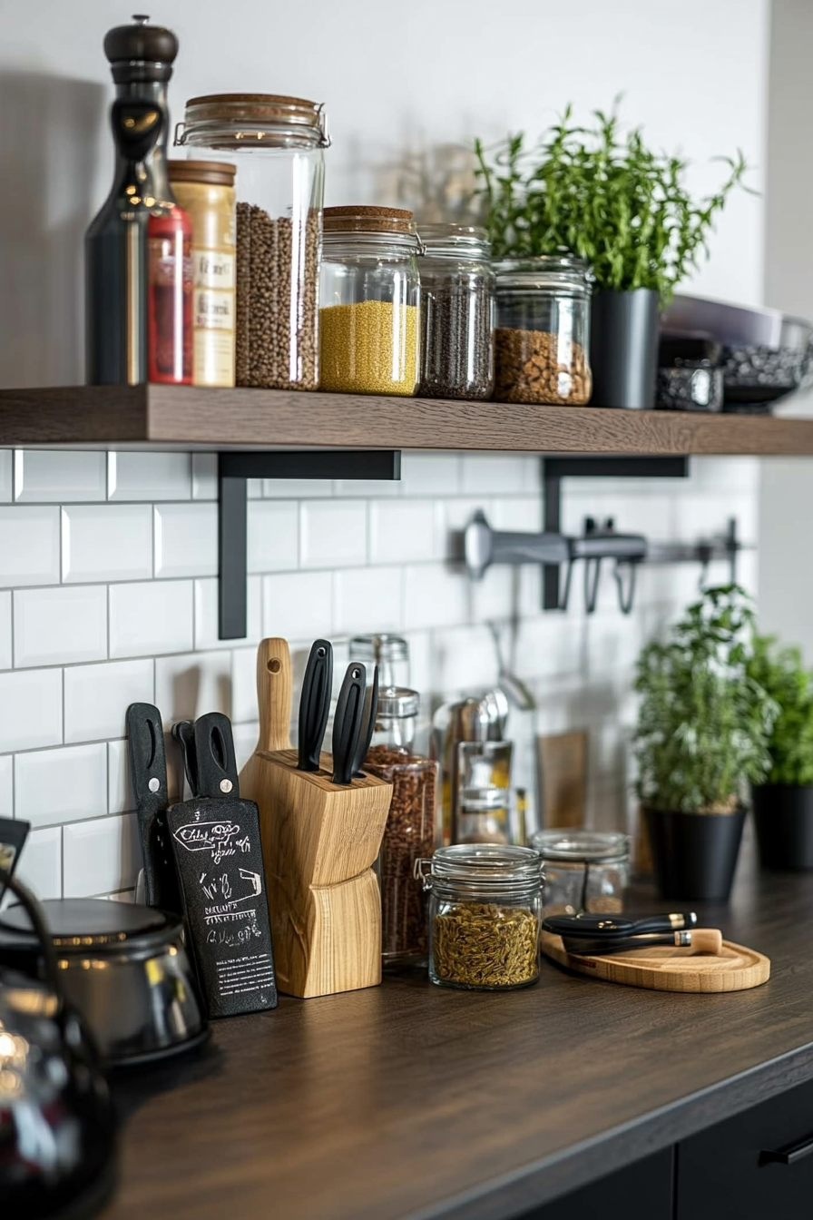 Minimalist floating shelves in a modern kitchen