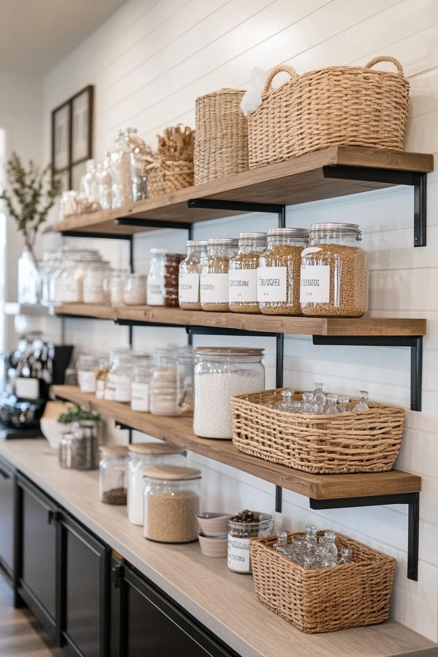 Open pantry shelves with jars and baskets