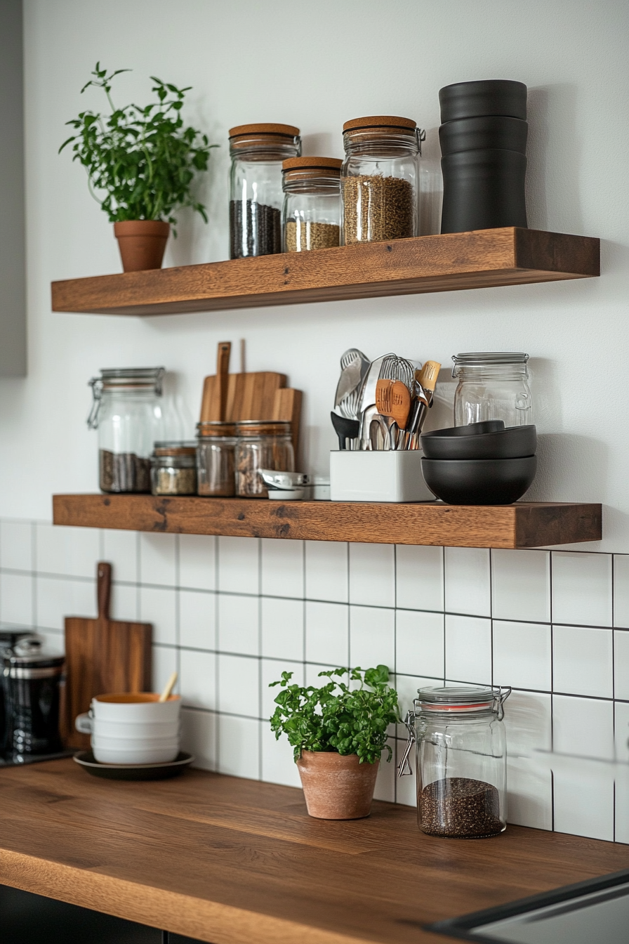 Floating shelf detail with glassware and decor