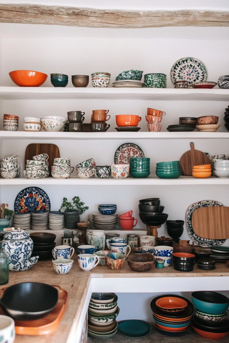 Detail of colorful dishes on shelves