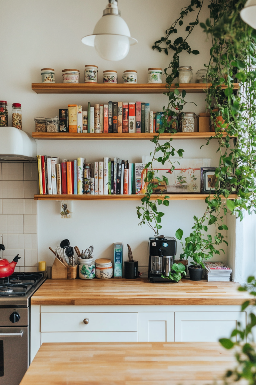 Cookbooks and plants styled on open shelves