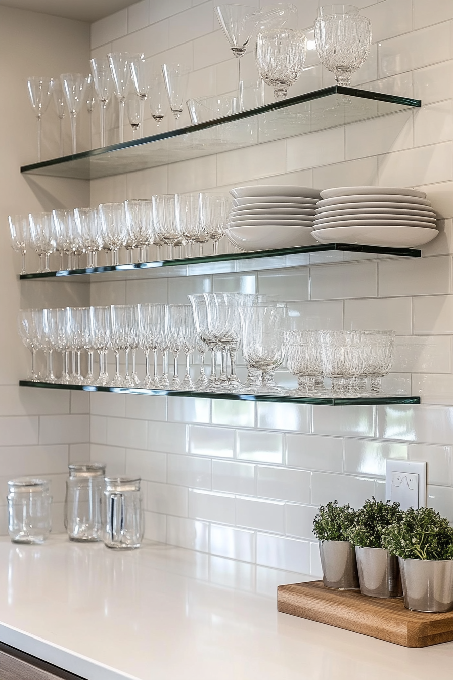 Glass shelves in a sleek modern kitchen