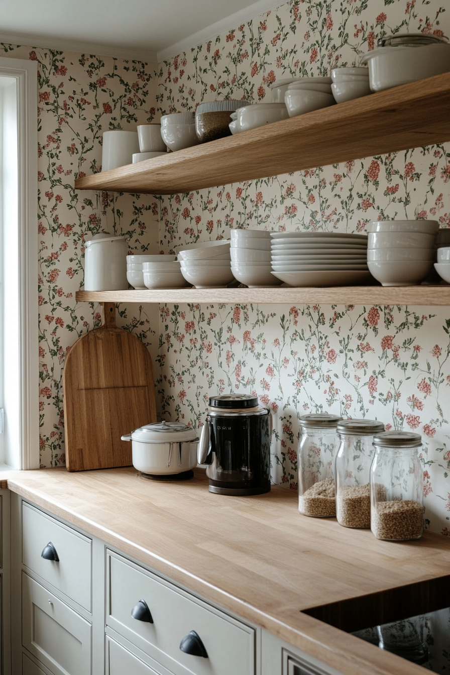 Shelves with colorful wallpaper backdrop