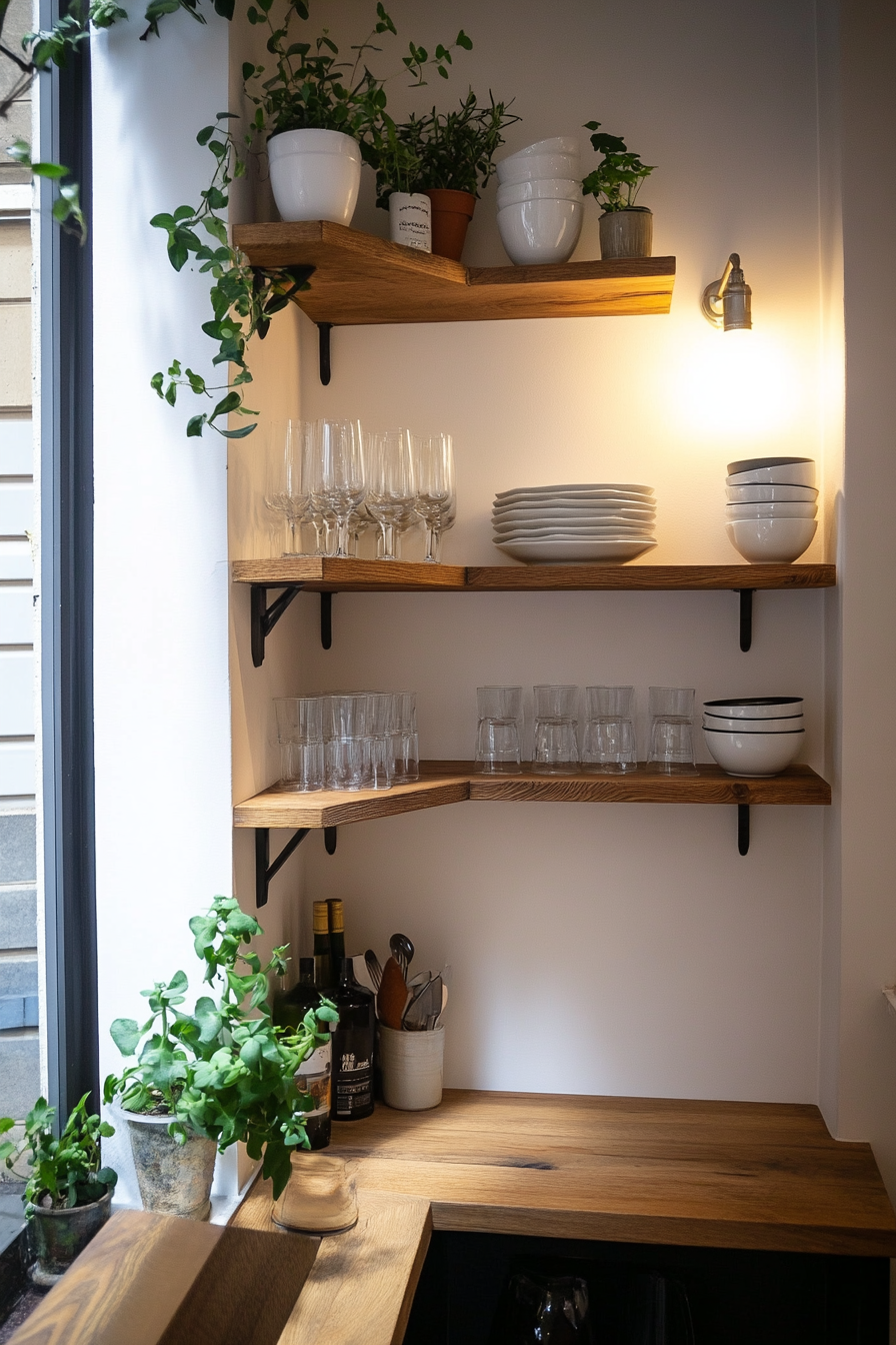 Corner shelves in a compact kitchen space