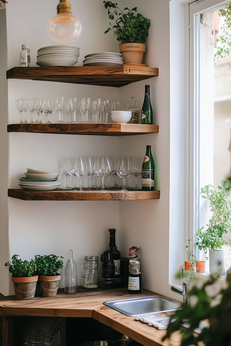 Detail of a corner shelf with plates and decor